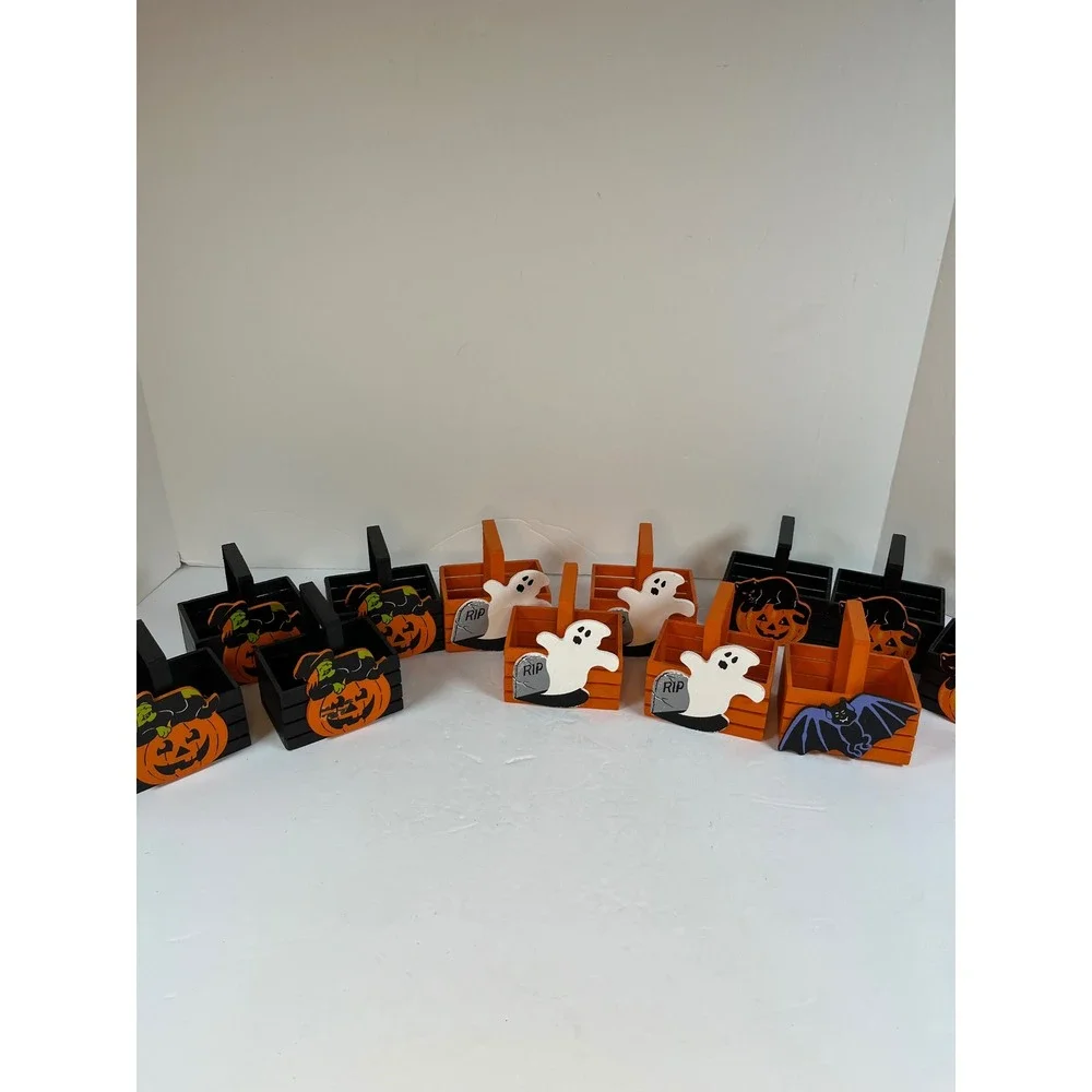 Fun World Halloween Holiday Basket Mini Wooden Crate Set 12pc Vintage Decor Gift